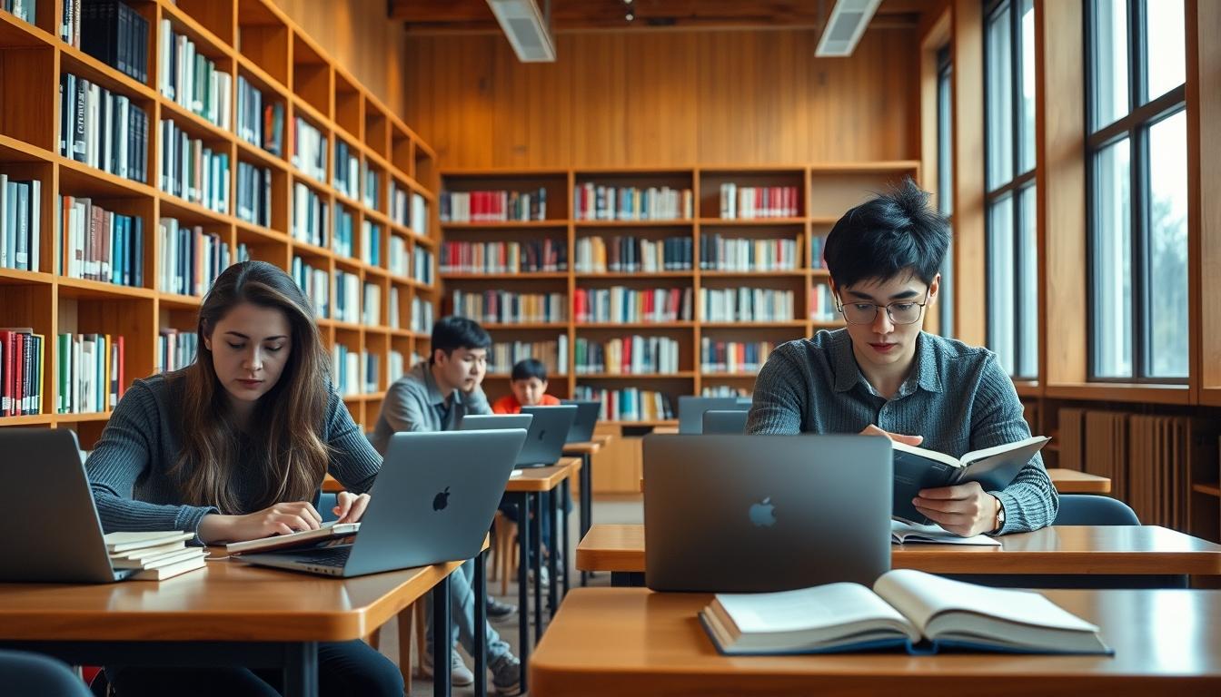 Students studying together in modern classroom